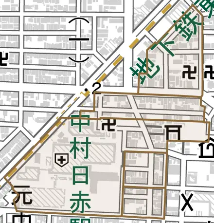 道下町とその周辺の地図。町の範囲を重ねている