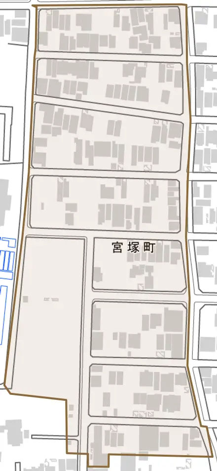 宮塚町とその周辺の地図。町の範囲を重ねている