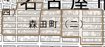 森田町とその周辺の地図。町の範囲を重ねている