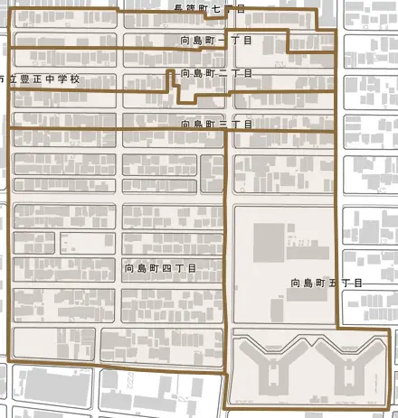向島町とその周辺の地図。町の範囲を重ねている