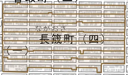 長筬町とその周辺の地図。町の範囲を重ねている