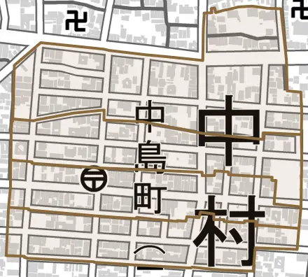 中島町とその周辺の地図。町の範囲を重ねている