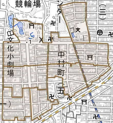 中村町とその周辺の地図。町の範囲を重ねている