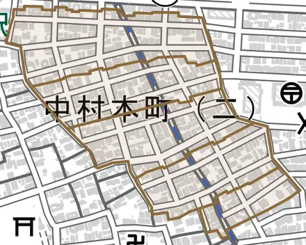 中村本町とその周辺の地図。町の範囲を重ねている