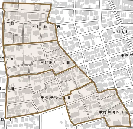中村中町とその周辺の地図。町の範囲を重ねている