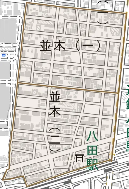 並木とその周辺の地図。町の範囲を重ねている