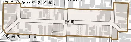 賑町とその周辺の地図。町の範囲を重ねている