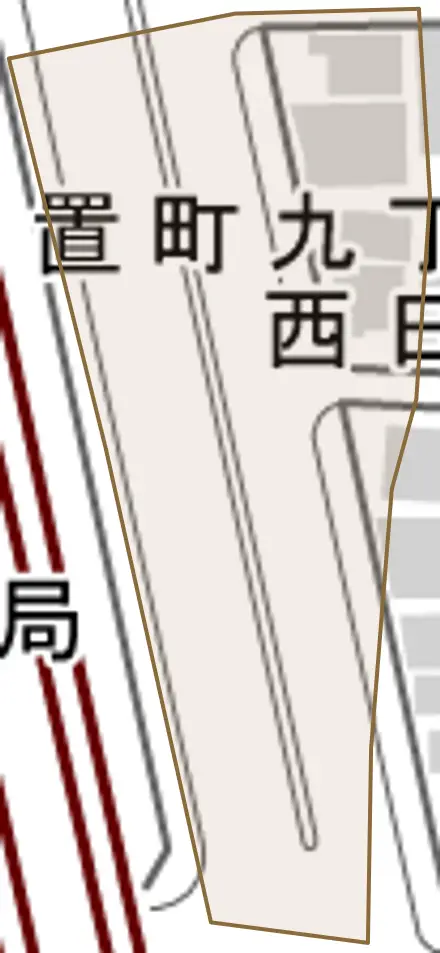 西日置とその周辺の地図。町の範囲を重ねている