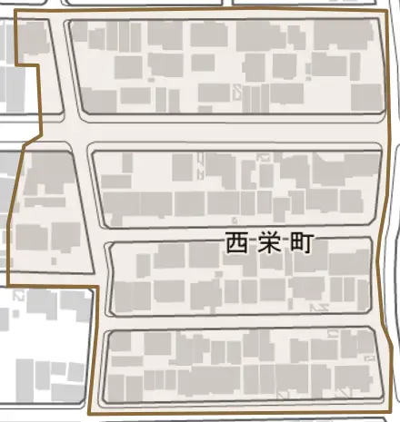 西栄町とその周辺の地図。町の範囲を重ねている