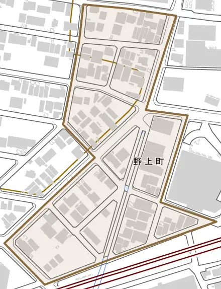 野上町とその周辺の地図。町の範囲を重ねている