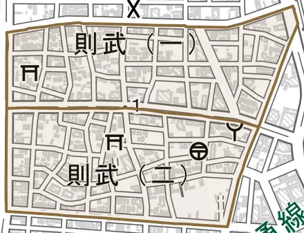 則武とその周辺の地図。町の範囲を重ねている