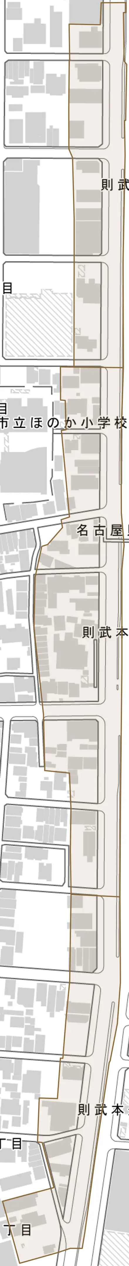 則武本通とその周辺の地図。町の範囲を重ねている
