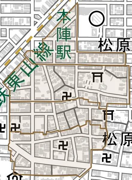 大秋町とその周辺の地図。町の範囲を重ねている