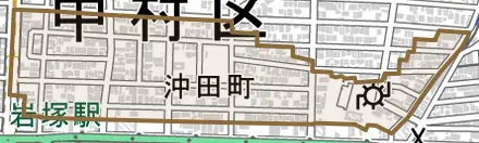 沖田町とその周辺の地図。町の範囲を重ねている