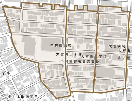大宮町とその周辺の地図。町の範囲を重ねている