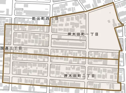 押木田町とその周辺の地図。町の範囲を重ねている