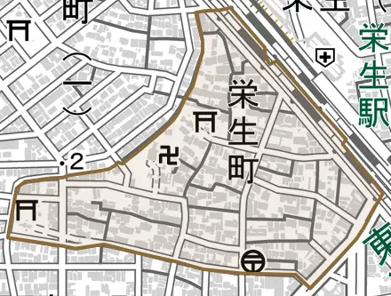 栄生町とその周辺の地図。町の範囲を重ねている