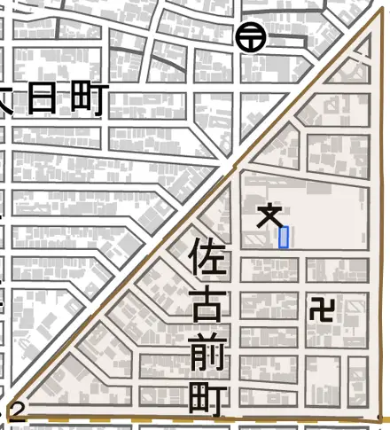 佐古前町とその周辺の地図。町の範囲を重ねている