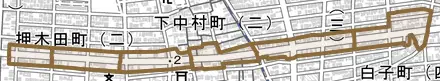 千成通とその周辺の地図。町の範囲を重ねている