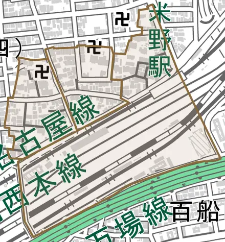 下米野町とその周辺の地図。町の範囲を重ねている