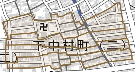 下中村町とその周辺の地図。町の範囲を重ねている
