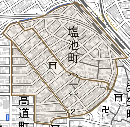 塩池町とその周辺の地図。町の範囲を重ねている
