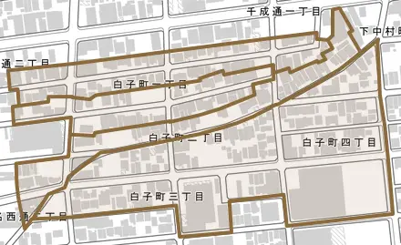 白子町とその周辺の地図。町の範囲を重ねている