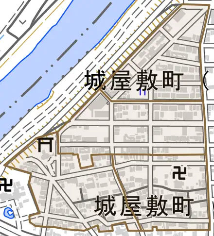 城屋敷町とその周辺の地図。町の範囲を重ねている
