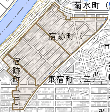 宿跡町とその周辺の地図。町の範囲を重ねている