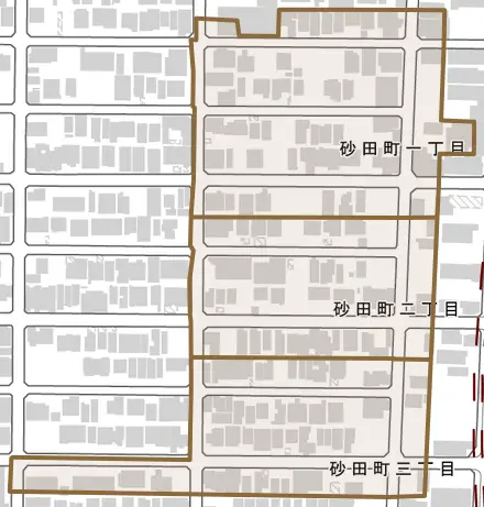 砂田町とその周辺の地図。町の範囲を重ねている
