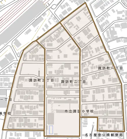諏訪町とその周辺の地図。町の範囲を重ねている