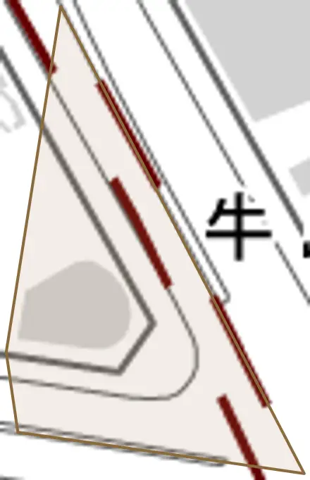 牛島町とその周辺の地図。町の範囲を重ねている