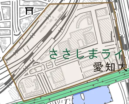 平池町とその周辺の地図。町の範囲を重ねている