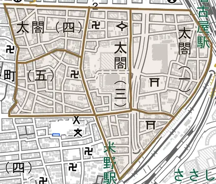 太閤とその周辺の地図。町の範囲を重ねている