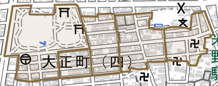 大正町とその周辺の地図。町の範囲を重ねている
