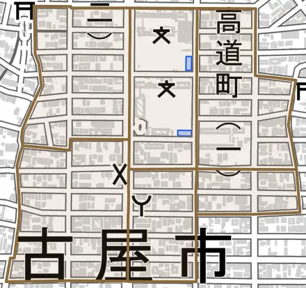 高道町とその周辺の地図。町の範囲を重ねている