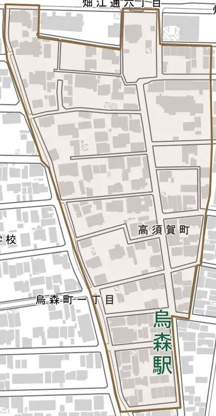 高須賀町とその周辺の地図。町の範囲を重ねている