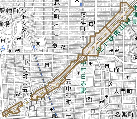 鳥居通とその周辺の地図。町の範囲を重ねている