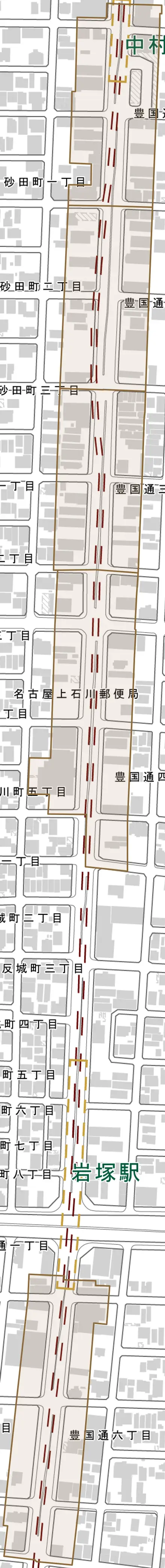 豊国通とその周辺の地図。町の範囲を重ねている