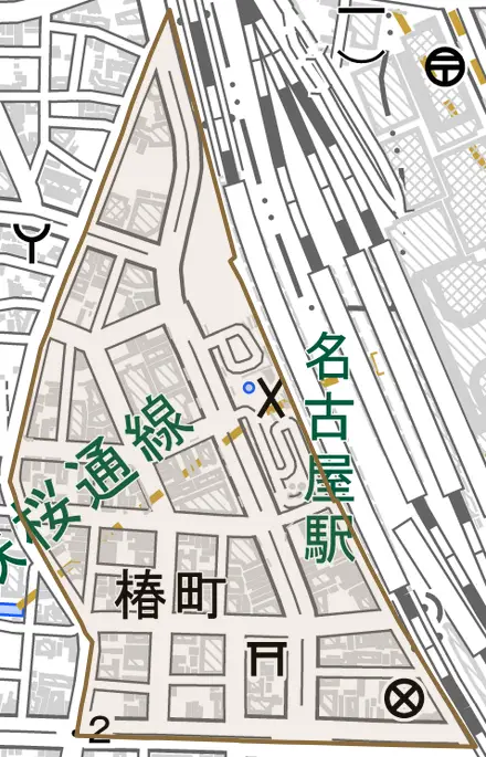 椿町とその周辺の地図。町の範囲を重ねている