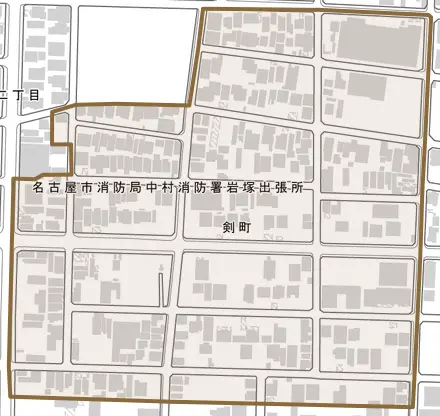剣町とその周辺の地図。町の範囲を重ねている