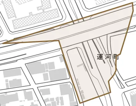 運河町とその周辺の地図。町の範囲を重ねている