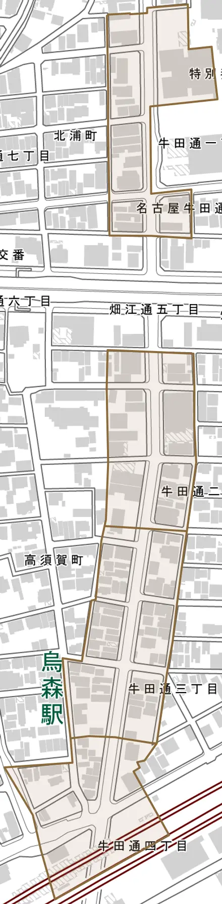 牛田通とその周辺の地図。町の範囲を重ねている