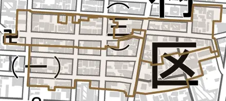 若宮町とその周辺の地図。町の範囲を重ねている