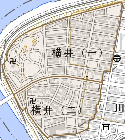 横井とその周辺の地図。町の範囲を重ねている
