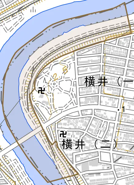 横井町とその周辺の地図。町の範囲を重ねている