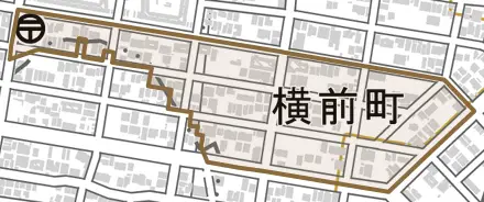 横前町とその周辺の地図。町の範囲を重ねている