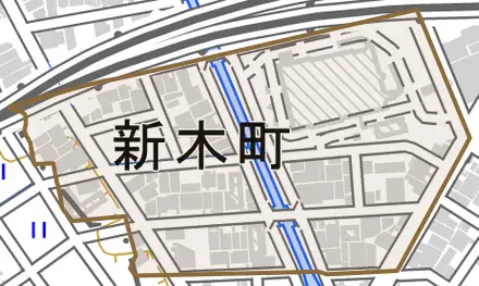 新木町とその周辺の地図。町の範囲を重ねている