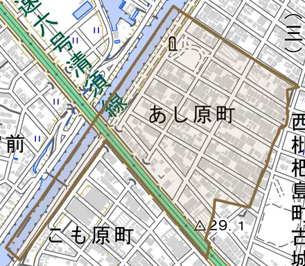 あし原町とその周辺の地図。町の範囲を重ねている