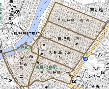 枇杷島とその周辺の地図。町の範囲を重ねている